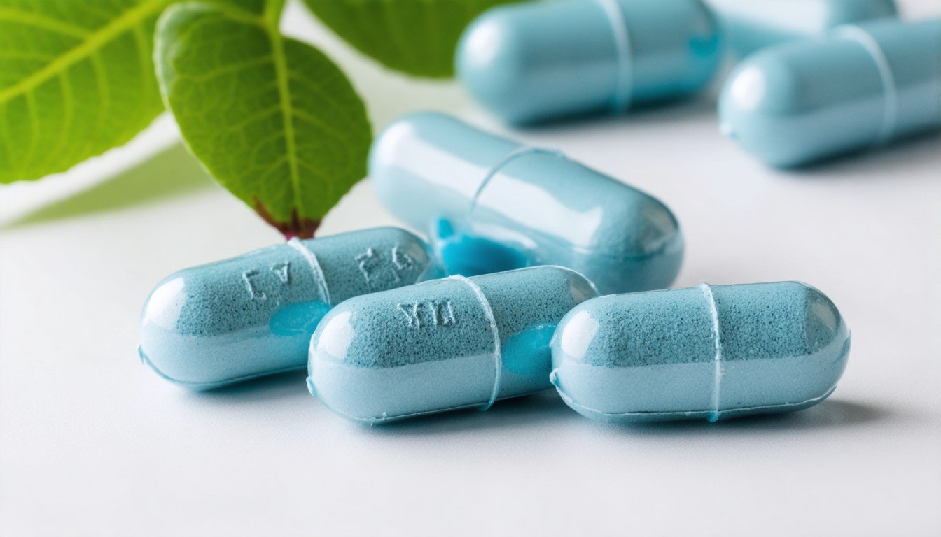 Bottles of herbal supplements with ginseng and maca root next to a stethoscope, symbolizing natural alternatives to Viagra